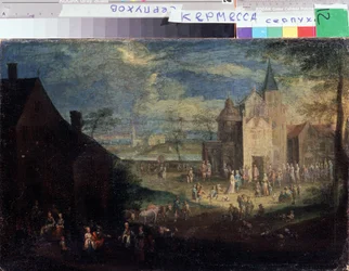 „Kermesse na miejscu wsi”” (Kermis) Krajobraz miejski we Flandrii. Obraz Petera Gyselsa (1621-1690) Serpukhov, Państwowe Muzeum Historii i Sztuki Rosji