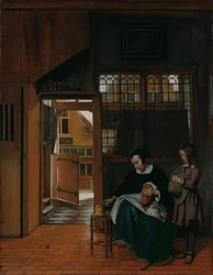 Kobieta przygotowująca chleb z masłem dla chłopca 1660