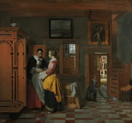 Wnętrze z kobietami obok lnianej skrzyni, 1663