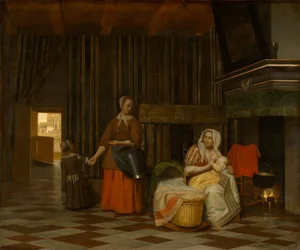 Kobieta i dziecko z służącą, 1663-1665