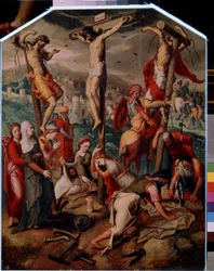 Kalwaria (Kalwaria). Na Golgocie Jezus Chrystus zostaje ukrzyżowany wraz z dwoma pozostałymi skazanymi na śmierć. Na krzyżu nosi znak INRI (INRI). U podnóża św. Maria Magdalena opłakuje śmierć Jezusa, jej butelka jest przewrócona na ziemię. Święta Weronika