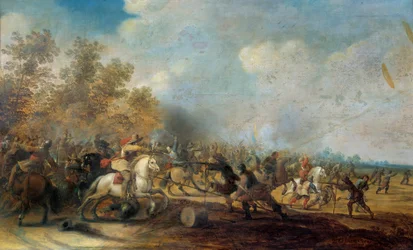 Obraz szarży kawalerii autorstwa Pietera Meulenera (1602-1654)