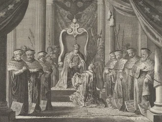 Tablica 8: Cesarz Maksymilian II nadający koronę herbowi Amsterdamu, z Cas..., 1638.