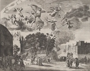 Karol II wjeżdżający do Hagi karetą z Mauritshuis po prawej stronie, z „Verha..., 1660.