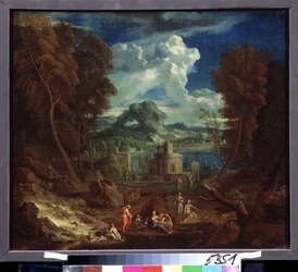 Krajobraz z kąpiącymi się nimfami. Obraz Pietera I Rysbraecka (1655-1729). Olej na płótnie, 50 x 58 cm. Sztuka flamandzka, sztuka barokowa. Muzeum Sztuk Pięknych im. Puszkina w Moskwie.