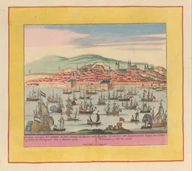 Przybycie floty holendersko-angielskiej z królem Karolem III w Lizbonie, 1704 Lądowanie jego Mt. Carel III król Hiszpanii do Lizbony w Portugalii den 7 Maert 1704 (...) (tytuł na obiekcie) Teatr wojny, początek króla Karela den