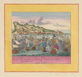 Bitwa morska o Gibraltar, 1705 Ponty zostaje pobity, na bagnach Gibraltaru (sie dese z przodu) flot alianckich, den 20 Meert, 1705 (tytuł na obiekcie) Teatr wojny, początek króla Karola II. Do zobaczenia na King Karel den