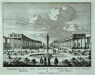 Klasyczny amfiteatr w ogrodzie, z „Admirandorum Quadruplex Spectaculum” Jana van Calla (1656-1703), wydanego przed 1715 r. (rycina)