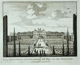 Dom i ogrody w Saint Annen-Land, z „Admirandorum Quadruplex Spectaculum”, Jan van Call (1656-1703), wydane przed 1715 (rycina)