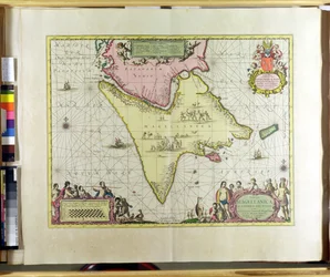 Tabula Magellanica, Quatierrae del Fuego, płyta 18 z Le Nouveau et Grand Illuminant Flambeau de la Mer Claesa Jansza. Vooght (fl.1680-96) wydany w Amsterdamie, 1683 (ręcznie kolorowane grawerowanie)