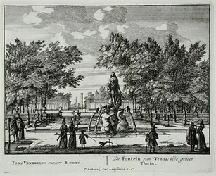 Fontanna Wenus w wielkim ogrodzie, z „Admirandorum Quadruplex Spectaculum” Jana van Calla (1656-1703), wydana przed 1715 r. (rycina)