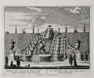 Kaskada w ogrodzie orientalnym, z „Admirandorum Quadruplex Spectaculum” Jana van Calla (1656-1703), wydana przed 1715 r. (rycina)