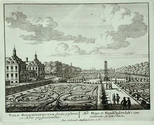 Ogród w Honsholredyk, z „Admirandorum Quadruplex Spectaculum”, Jan van Call (1656-1703), wydana przed 1715 (rycina)