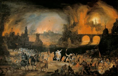 Pożar miasta Troi. Obraz Pietera Schoubroecka (1570-1607). 1606. Kunsthistorisches Museum Wiedeń, Austria