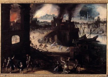 Zniszczenie Troi Obraz Pietera Schoubroecka (1570-1607) Besancon z XVII wieku. Muzeum Sztuk Pięknych