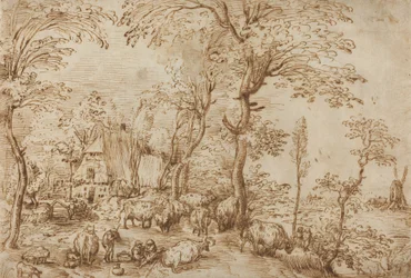 Chłopi i bydło w pobliżu domu na farmie, ok. 1553-54 (długopis i brązowy atrament na papierze)