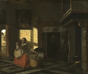 Wnętrze z matką przy kołysce - Wnętrze z matką przy kołysce, autorstwa Hooch, Pieter, de (1629-1684). Olej na płótnie, ok. 1665. Format: 54x65 cm. Muzeum Narodowe w Sztokholmie