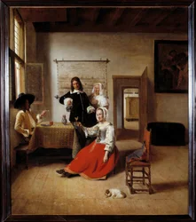Pijaczka. Uzależniona od alkoholu kobieta w flamandzkim domu otoczona innymi pijącymi. Obraz Pietera de Hoocha (1629-1684), 1658. Wys. 0,69 x 0,6 m - Kobieta pijąca z żołnierzami. Wnętrze flamandzkiego domu. Obraz Pietera de Hoocha (1629-1684)