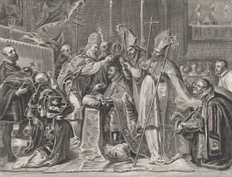 Ilustracja 24: Karol V koronowany na cesarza przez papieża, z „Serenissimi P...” Williama Becanusa, 1636.