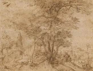Wieś z grupą drzew i mułem, ok.1552-54