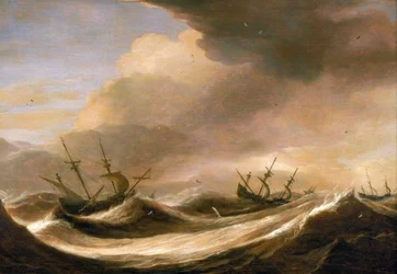 Statki na pełnym morzu uciekające przed sztormem, ze zredukowanymi żaglami, wstrząsane silnymi falami. Olej na drewnie, około 1640 roku, autorstwa Pietera Muliera (1615-1670).