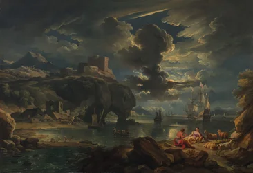 Śródziemnomorski księżycowy krajobraz wybrzeża, ok. 1700-01 (olej na płótnie)