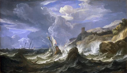 Wrak statku podczas sztormu w pobliżu skalistego wybrzeża. Olej na płótnie, połowa XVII wieku, autor: Pieter Mulier II Młodszy (lub Pietro Mulieribus lub Pietro Cavaliere Tempesta) (1637-1701).