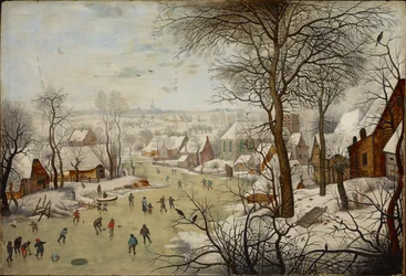 Pejzaż zimowy z pułapką na ptaki - Pejzaż zimowy z pułapką na ptaki, autorstwa Brueghela, Pietera, młodszego (1564-1638). olej na drewnie