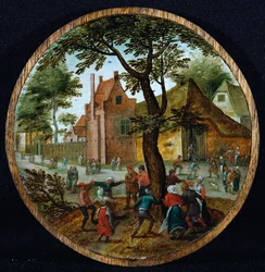 Chłopi tańczą wokół drzewa na wiejskiej ulicy, 1625
