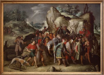 Św. Paweł po swoim nawróceniu prowadzi do Damaszku (Syria). Ten obraz, bezpośrednio z ryciny Lucasa de Leiden (1509), przedstawia epizod po upadku konia Saula de Tarsus, który po przebyciu tarasu stanie się świętym Pawłem.