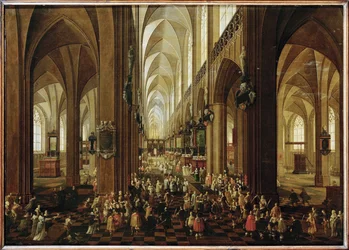 Wnętrze kościoła Notre Dame w Antwerpii, arcyksiążę Leopold Wilhelm przyjęty przez kapitułę (obraz na drewnie dębowym)