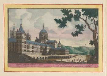 Widok z tyłu Escorial Klasztor S. Laurensa; widoczny od tyłu na sy (tytuł na obiekcie) Theatrum Hispaniae (...) (tytuł serialu)