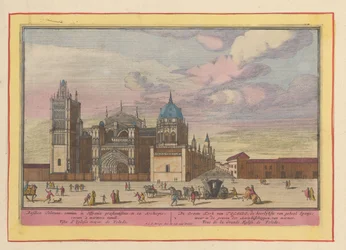 Widok na Toledo . Katedra Wielki Kościół Toledo, najwspanialszy w całej Hiszpanii; gdzie w grobowcach arcybiskupów z marmuru (tytuł na przedmiocie) Theatrum Hispaniae (...) (tytuł serialu)