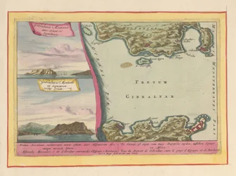 Widok na Skałę Gibraltarską i mapę Cieśniny Gibraltarskiej Cieśnina, czyli cieśnina dwóch Duytsche mylen, między Hiszpanią a Afryką (...) (tytuł na obiekcie) Theatrum Hispaniae (...) (tytuł serialu)