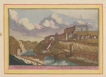 Widok na Alcazar de Toledo Pałac Królewski w Toledo; przy moście leżącym nad Tajo (tytuł na obiekcie) Theatrum Hispaniae (...) (tytuł serialu)