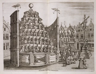 Ilustracja przedstawiająca ruchomy teatr, z "Historica narratio profectionis et inaugurationis..." Johannesa Bochiusa, Plantin Press, 1602 r.