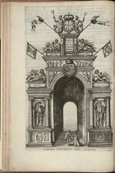 Rzeki Tag, Plata, Ganges i Hydaspes. Tylna ściana portugalskiego łuku triumfalnego, Wjazd arcyksięcia Austrii Ernsta do Antwerpii, opublikowana w 1595 r. (rycina)