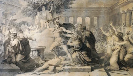 Śmierć Priama, Pietro Benvenuti (1769-1844), grafika z obrazu z 1811 r.