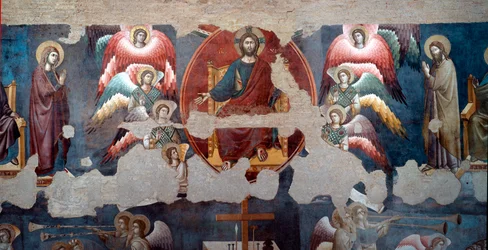 Sąd Ostateczny Trąbiący Chrystus otacza aniołów. Szczegół. Fresk Pietro de Cerroni dit Cavallini (aktywny około 1273-1321) 1293 Rzym, Santa Cecilia in Trastevere
