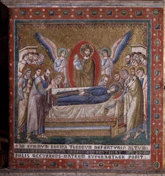 Mozaika Zaśnięcie Marii w absydzie autorstwa Pietra Cavalliniego (czynny około 1273-1330), koniec XIII wieku (Śmierć Dziewicy, mozaika z absydy autorstwa Pietra Cavalliniego, koniec XIII wieku), Rzym, kościół Santa Maria in Trastevere, Włochy