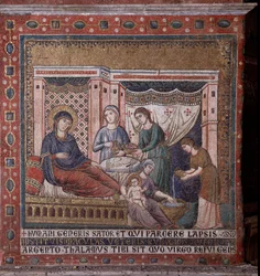Narodziny Marii Mozaika z absydy Pietro Cavallini (działał ok. 1273-1330) koniec XIII w. (Narodziny Marii, mozaika z absydy Pietro Cavallini, koniec XIII w.) Rzym, kościół Santa Maria in Trastevere Włochy