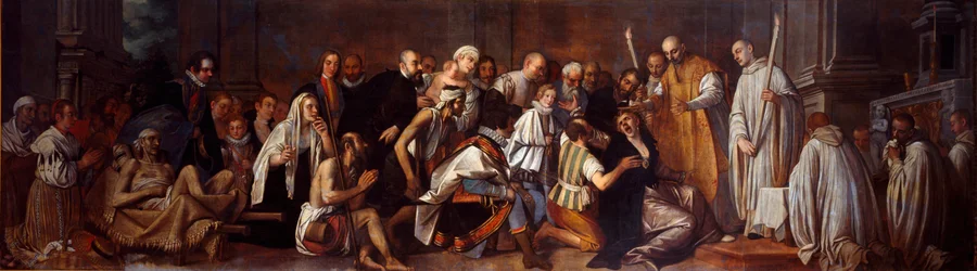 Św. Bernard z Clairvaux (San Bernardo di Chiaravalle) (1090-1153) i Possede. Tłum złożony z inwalidów przybywa na miejsce wyzwolenia demona. Obraz Pietro Damini (1592-1631) XVII-wieczna Chioggia, Chiesa di San Domenico