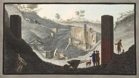 Wczesne wykopaliska w Herkulanum, w których Sir William był aktywny przy wsparciu monarchów, z „Campi Phlegraei: Obserwacje na wulkanach Dwóch Sycylii” Williama Hamiltona, 1776
