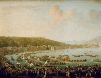 Wyjazd Karola III Hiszpanii (Carlos III) (1716-1788) z Zatoki Neapolitańskiej (Włochy). Obraz Pietro Fabris (1756-1779), olej na płótnie