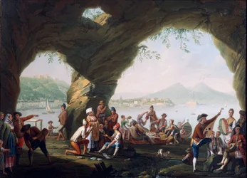 Sceny z życia codziennego w jaskini w Posillipo, niedaleko Neapolu, autorstwa Pietro Fabris (olej na płótnie)