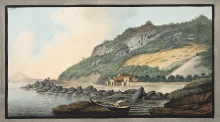 Widok części zewnętrznej stożka wulkanu Solfaterra, plansza XXIII z "Campi Phlegraei: Observations on the Volcanoes of the Two Sicilies", autorstwa Sir Williama Hamiltona (1730-1803), opublikowanego w 1776 r. (ręcznie kolorowana rycina).