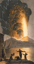 Widok wielkiej erupcji Wezuwiusza w niedzielną noc 8 sierpnia 1779 z Pałacu Jego Królewskiej Mości w Posillipo, płyta II, publikacja 1779 (ręcznie kolorowana grawerunek)