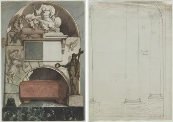 Projekt fresku na grobie artysty w Certosa w Bolonii (recto); Rysunek architektoniczny kolumn (verso)