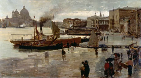 Riva degli Schiavoni (chodnik), Pietro Fragiacomo (1856-1922), olej na płótnie, 71x130 cm