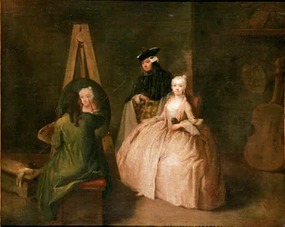 Pracownia malarza Malarz przed sztalugą przedstawia młodą kobietę. Obraz Pietro Longhi (1702-1785) 1740-1745 Nd. 44x53 cm Wenecja, Ca 